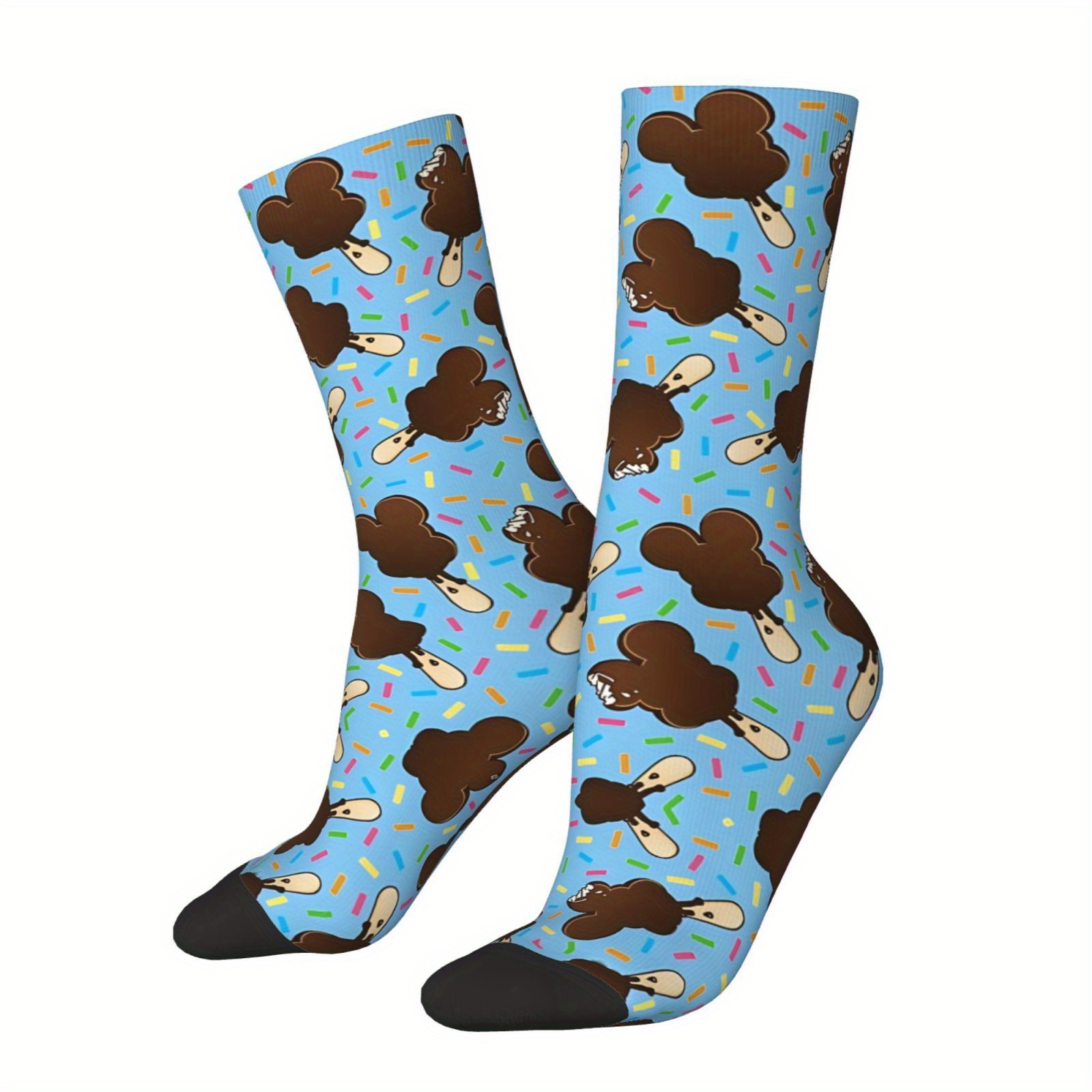 

1 Pair Men's Knit Polyester-spandex Blend Socks, Novelty Cartoon Mouse & Ice Cream Pattern, Crew Length, Fun, Crazy & Hip Hop Style, Seamless Design - Unique Gift For Boys