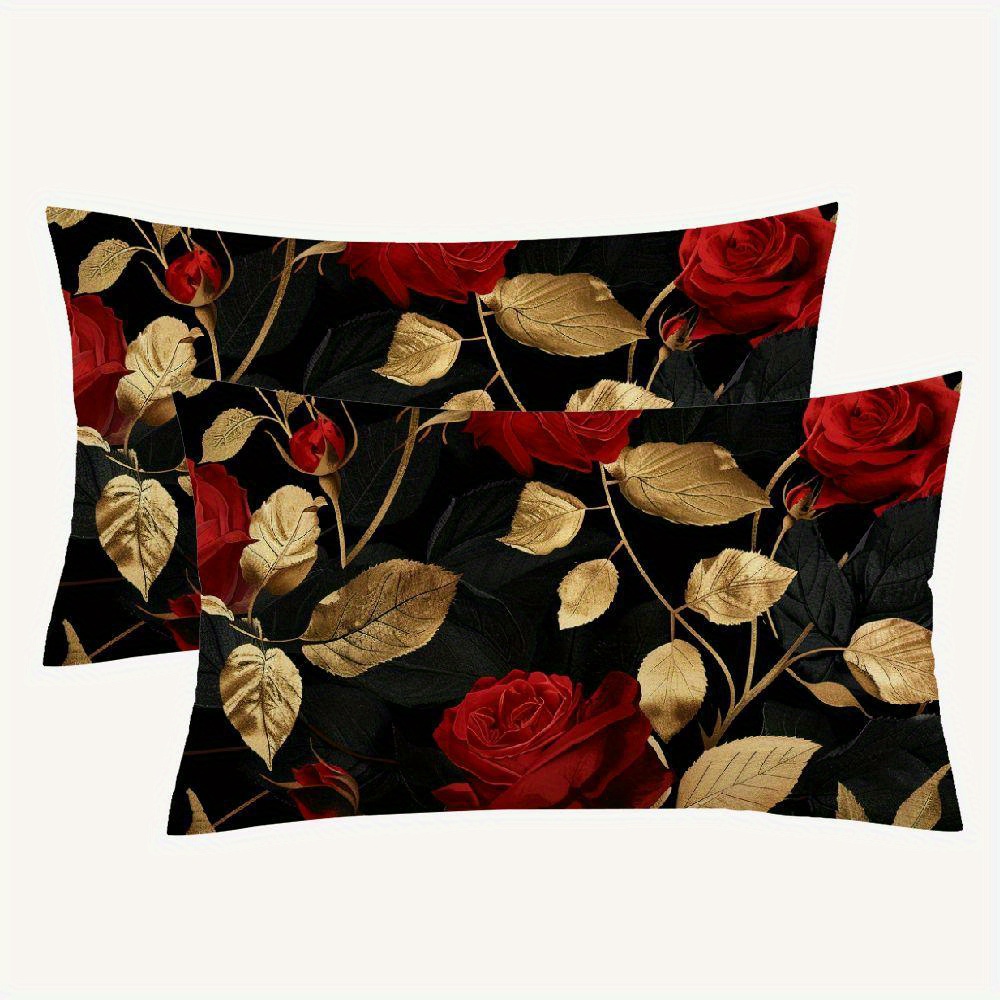 

Red Rose And Golden Leaves Throw Pillow Covers - Set Of 2, Polyester Style Zippered Cushion Cases For Home And Sofa Decor, Woven, Machine Washable - Various Room Types Compatible