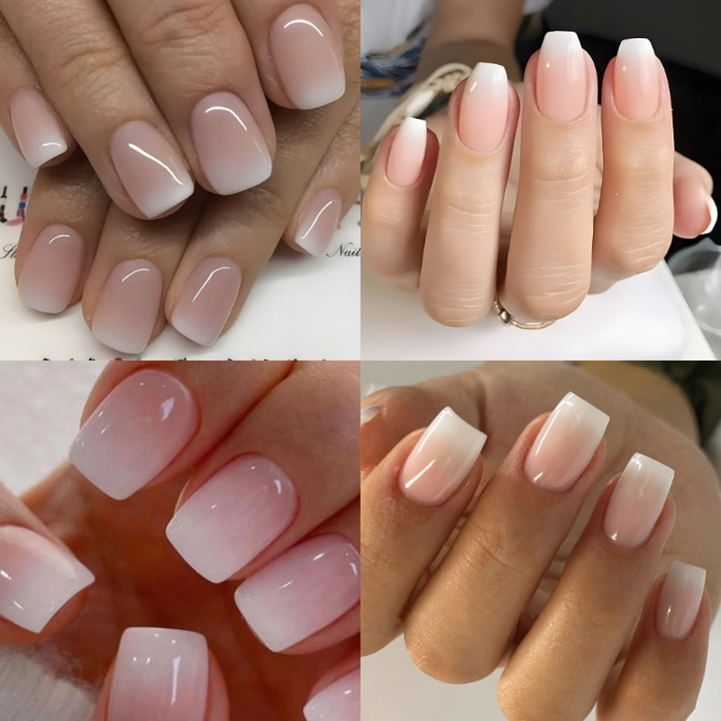 TEMU 96-piece French Square Fake Nail Set, Elegant French Tip Gradient And Solid Combination, Glossy Wear Nail With Jelly Glue And Nail File, Pressed On , Suitable For Women