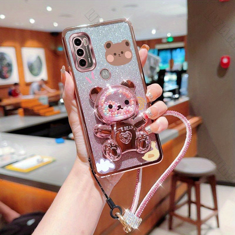 

Glitter Bling Diamond Strap Cute Bear Pattern Phone Holder Case For For Moto G60 -