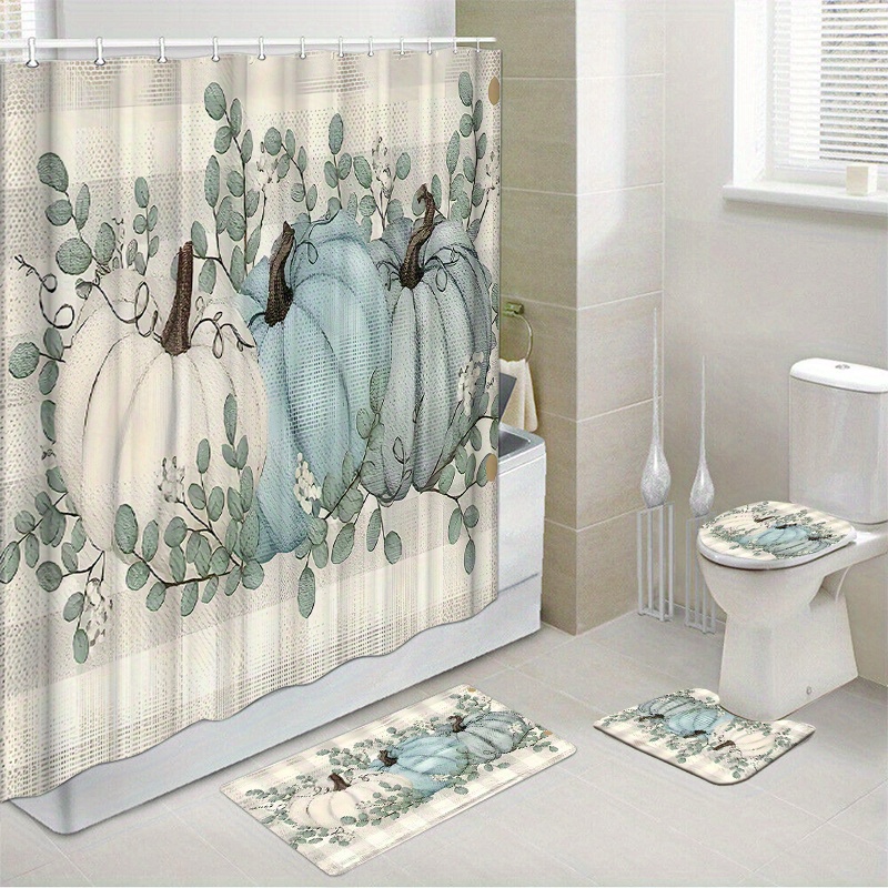 

Festive Fall Thanksgiving Day Waterproof Shower Curtain Set With 12 Hooks And Bath Mat Toilet Seat Bathroom Accessories - Home Decor