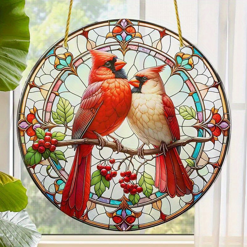 

2d Flat, 2d Flat Vibrant Red Stained Acrylic Suncatcher - Translucent Round Door Window Hanging Ornament Wreath Decor - Festive For Home, Porch, Wall, Room, And Garden Decor