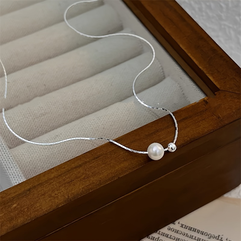 TEMU Minimalist 925 Sterling Pearl Bead Necklace For Women, Elegant Stylish High-end Sense Temperament Collarbone Chain Versatile Jewelry Accessory