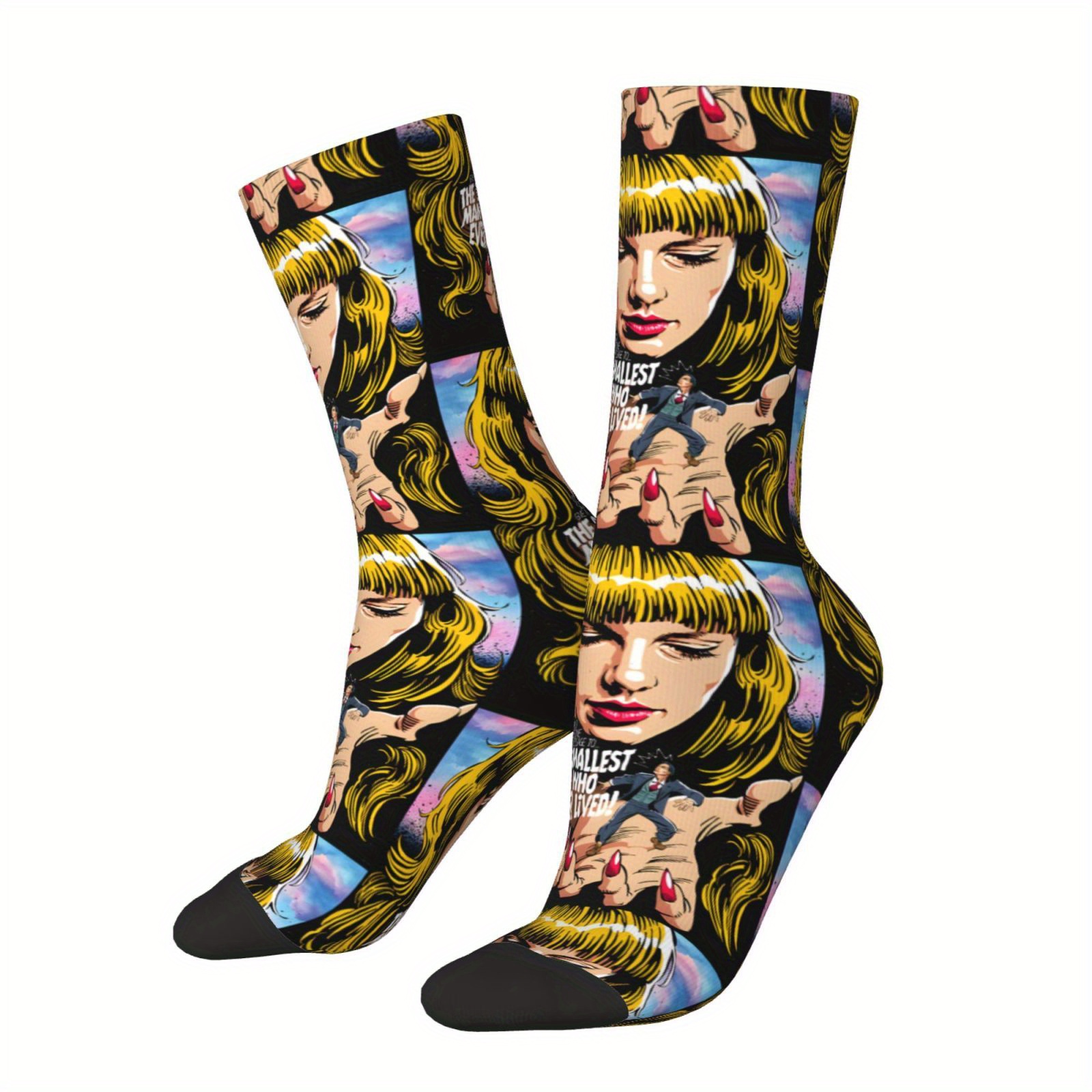 

1 Pair Crew Socks For Men, Hip Hop Harajuku Style, Polyester Knit Fabric With Elastane, Hand Washable, Casual Novelty Graphic Print Socks, Seamless Toe, Great For Gifts