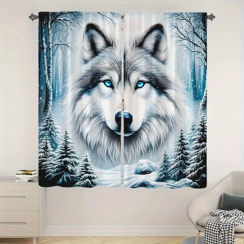 

2pcs Contemporary Wolf Printed Polyester Curtains, Rod Pocket, Multi-functional Home Decor For Living Room, Bedroom, Study, Kitchen, Coffee Shop, Machine Washable With Lining, Artistic Woven Design