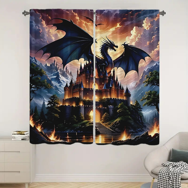 

Dragon & 2pcs Curtain Set - Polyester, For Living Room, Bedroom, Kitchen Decor