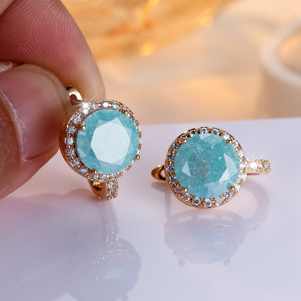 

Zirconia Stud Earrings - Copper Base With Golden Plating, Round Cut Design Ear Clips For Women, Elegant Jewelry, 14 & Up - 1 Pair