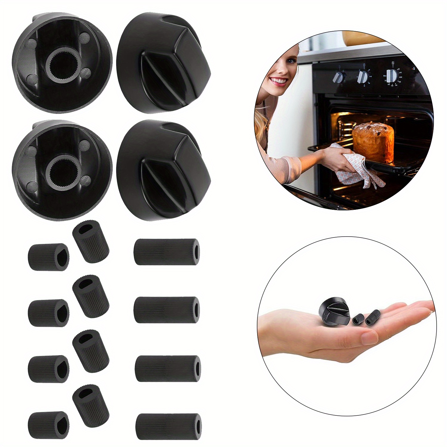 

4 Sets Black Universal Oven Control Knobs - 2024 Upgraded, Compatible With Stove Range, Includes 3 Adapters Per Knob, , Design