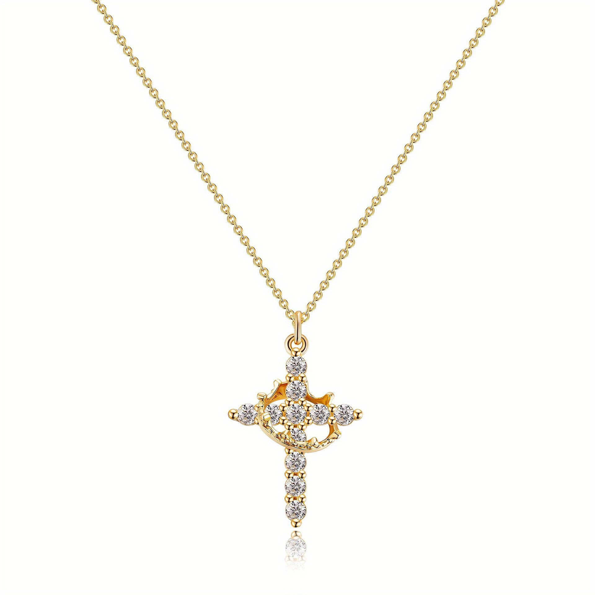 Image of Fashionable, Elegant, And Easy 18k Gold-plated Rotatable Crown, Versatile Inlaid Zirconia Cross Pendant Necklace Clavicle Chain For Women