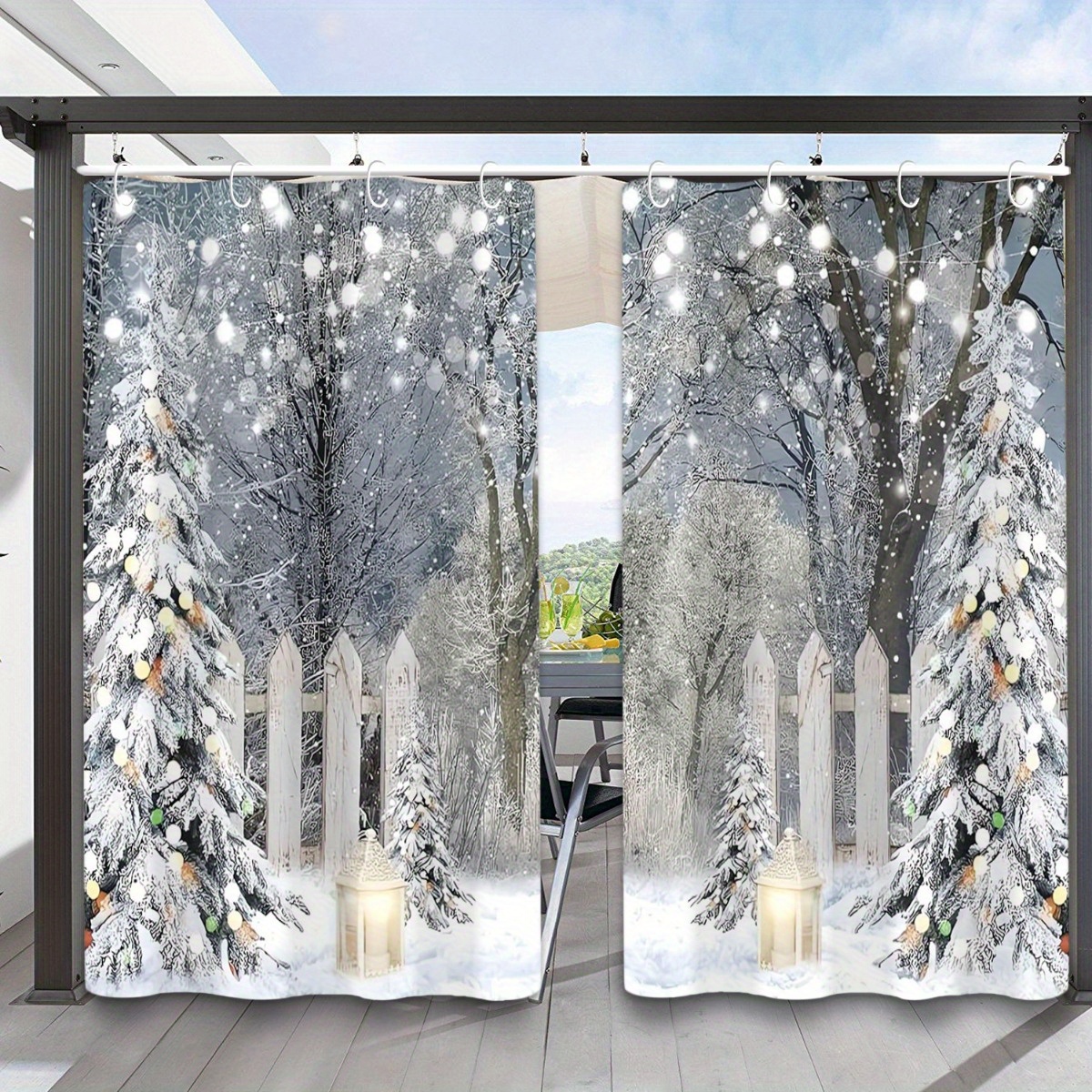 

2pcs Boho Chic Outdoor Curtains - Christmas Snow Theme, Sun Protection & Cooling, Waterproof Garden Drapes With Hooks Included, Machine Washable For Patio, Porch, And Yard Decor