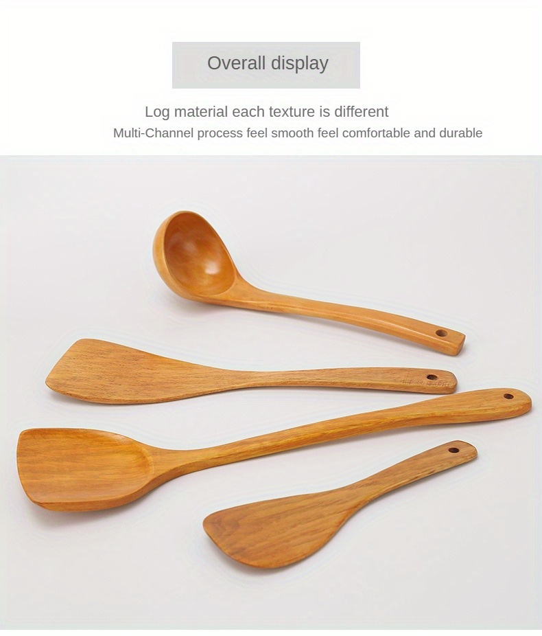 4 piece log wood kitchen utensil set non stick cookware safe wooden spatulas and soup ladle long handle wooden cooking tools set details 4