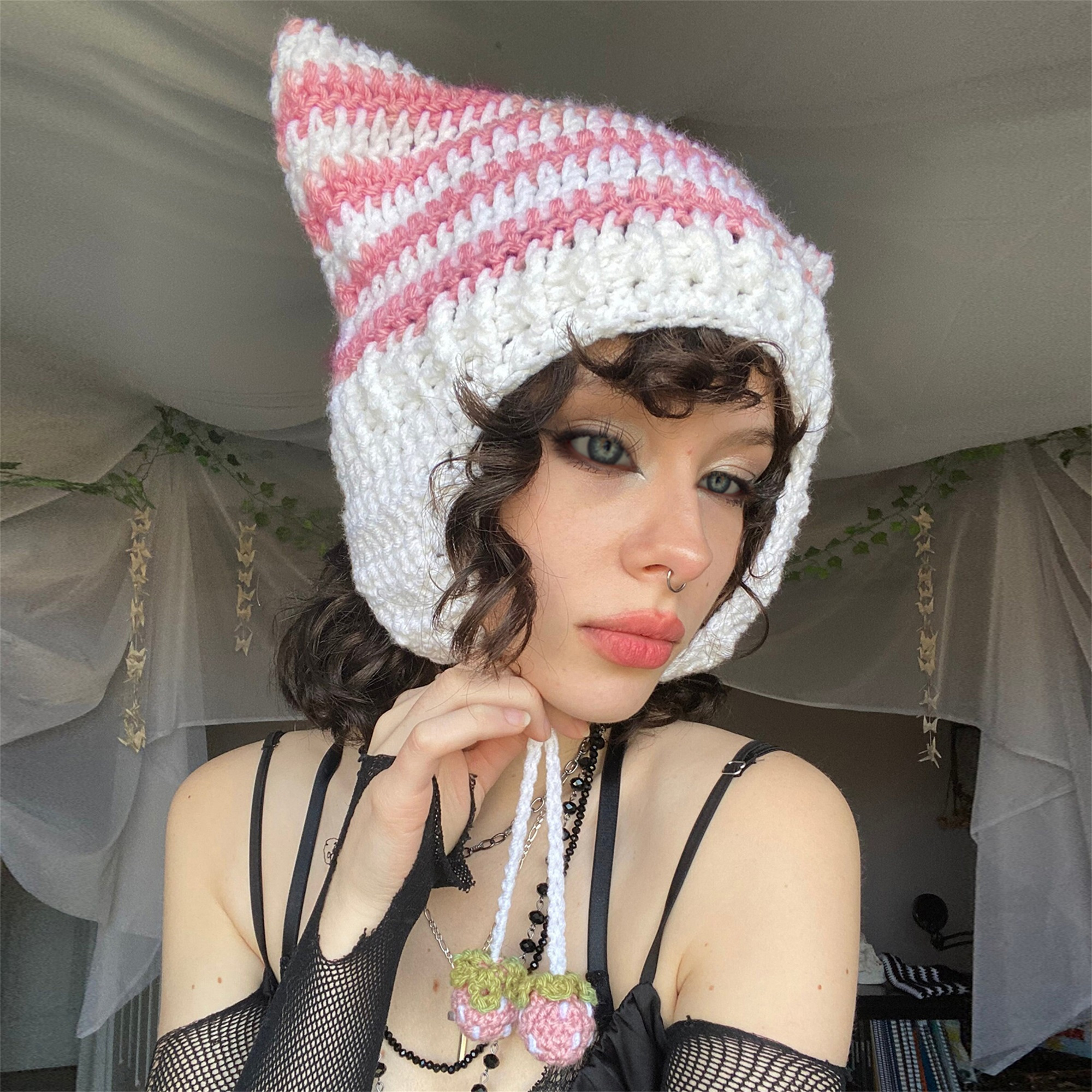 womens cozy cat ear beanie black white striped crochet - Temu display picture 3