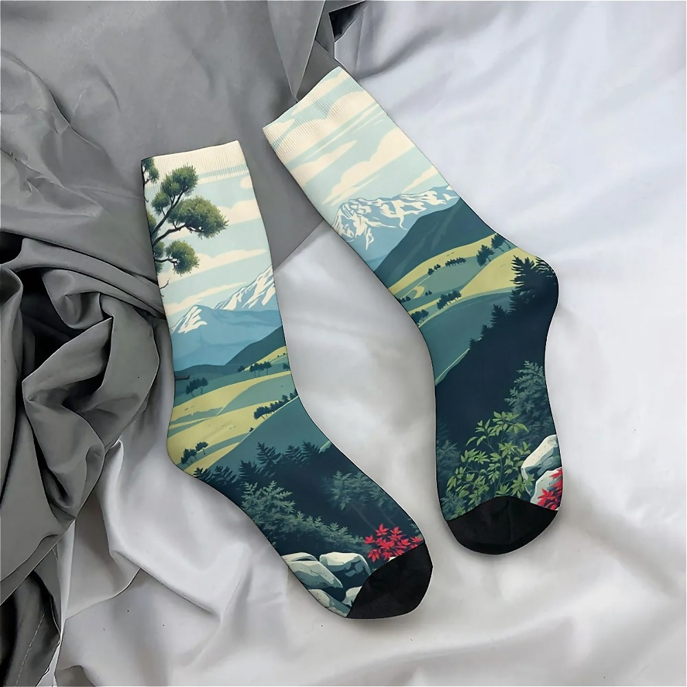 

Unisex Knit Polyester Socks With Scenic Mountain Print, Comfortable Stretch 95% Polyester 5% Spandex, Hand Wash Novelty Crew Socks For Couples, Birthday, Holiday Gift - 1 Pair