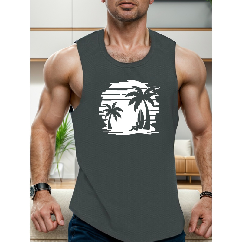 

Men's Summer Casual Polyester Tank Top With Geometric Coconut Palm Print, Crew Neck, Regular Fit, Knit Fabric With Slight Stretch - Comfortable Adult Sleeveless Shirt For Beach And Everyday Wear