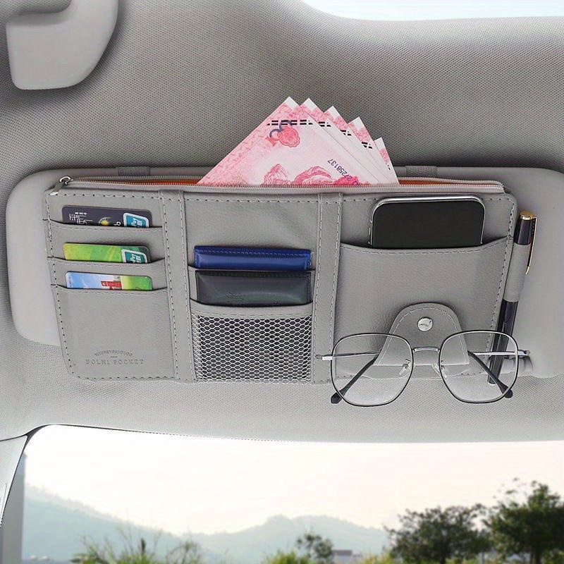 TEMU Universal Car Sun Visor Organizer With Multi-pockets, Pu Leather Storage Bag For Cards, Pens, Glasses, Phone Holder  Fits Most Vehicles