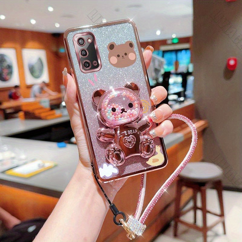 

Cute Bear Pattern Glitter Bling Diamond Strap Phone Holder Case With Stand For Note 20