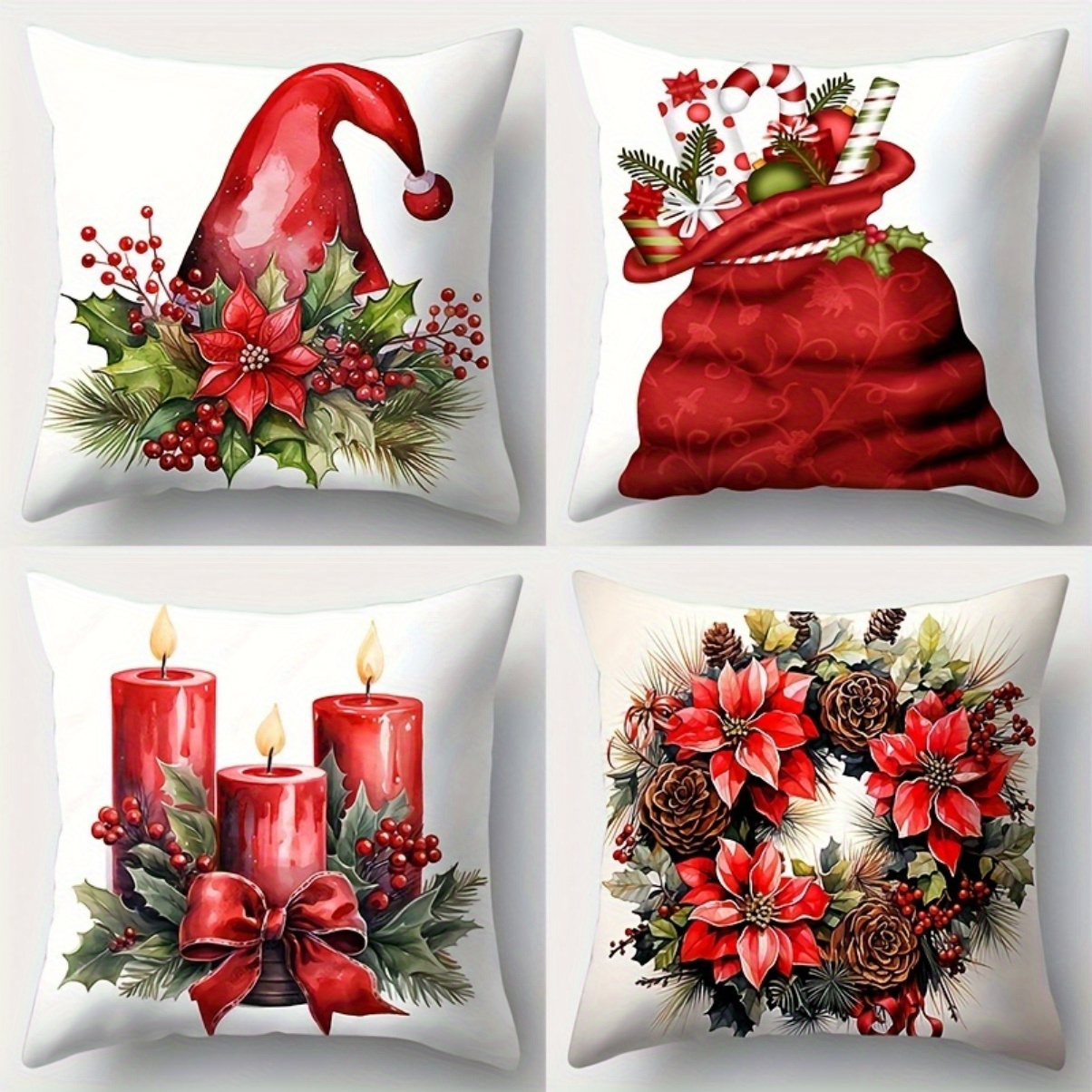 

4pcs Christmas Throw Pillow Covers - Modern Zippered Pillowcase, 18"x18", , Gift Bag, Candle, Wreath Pattern, Hand Washable, 100% Polyester, Living Room Decor, No Insert