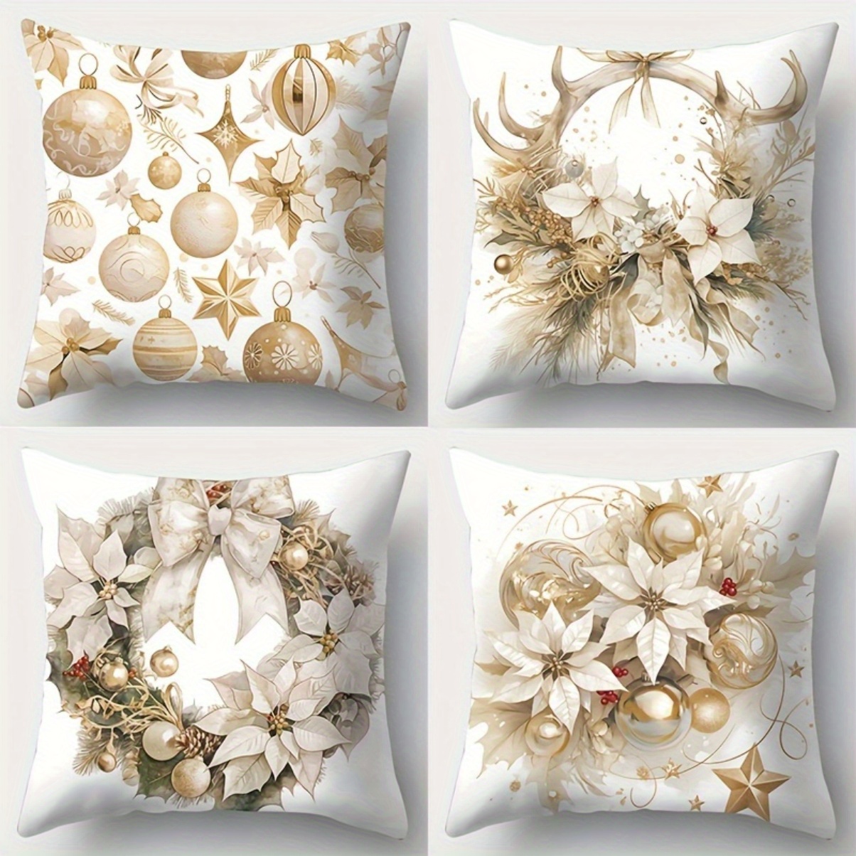 

4pcs Christmas Themed Pillow Covers-incorporating Christmas Elements, Christmas Ball, Christmas Wreath, Made Of Soft And Comfortable Polyester Fabric, Christmas Decoration, No Pillow Core