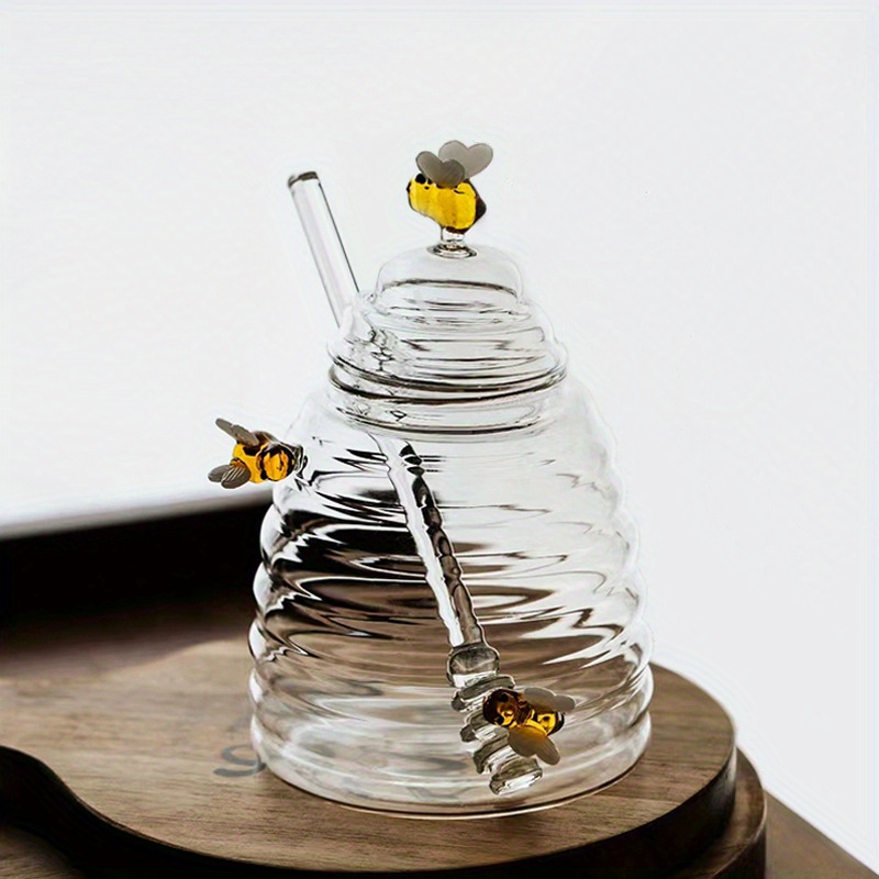 TEMU Bee-shaped 16.9oz Glass Honey Jar With Stirrer - Heat Resistant, Unbreakable Design For Honey, Syrup & Sugar Storage - Accessory, Pearl, Serving, 500ml