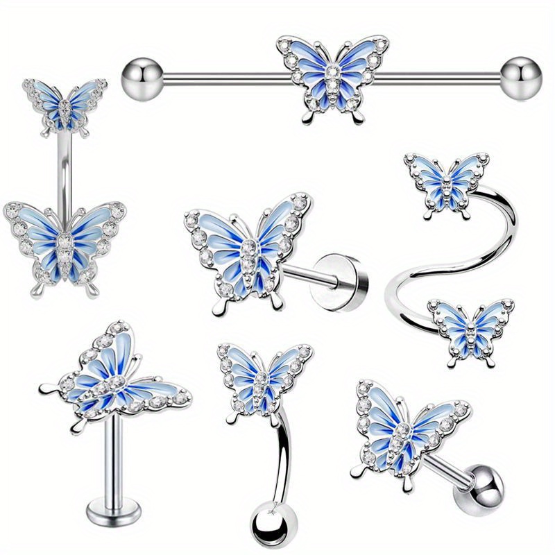 

7 Pieces Of Ladies' Oil Dripping Butterfly Earrings Nose Eyebrow Nails Lip Nails Ear Bone Body Puncture Set Accessories