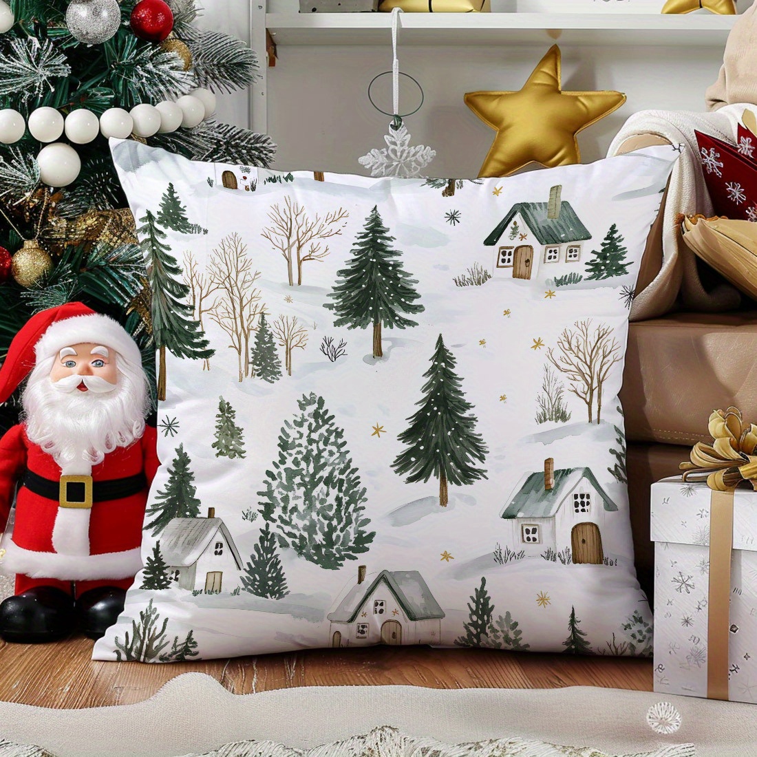 

Christmas Tree Illustration Throw Pillow Cover 17.7x17.7in - Festive Home Decor For Living Room, Bedroom - Zip Closure, Machine Washable Polyester - Perfect Holiday Gift (pillow Not Included)