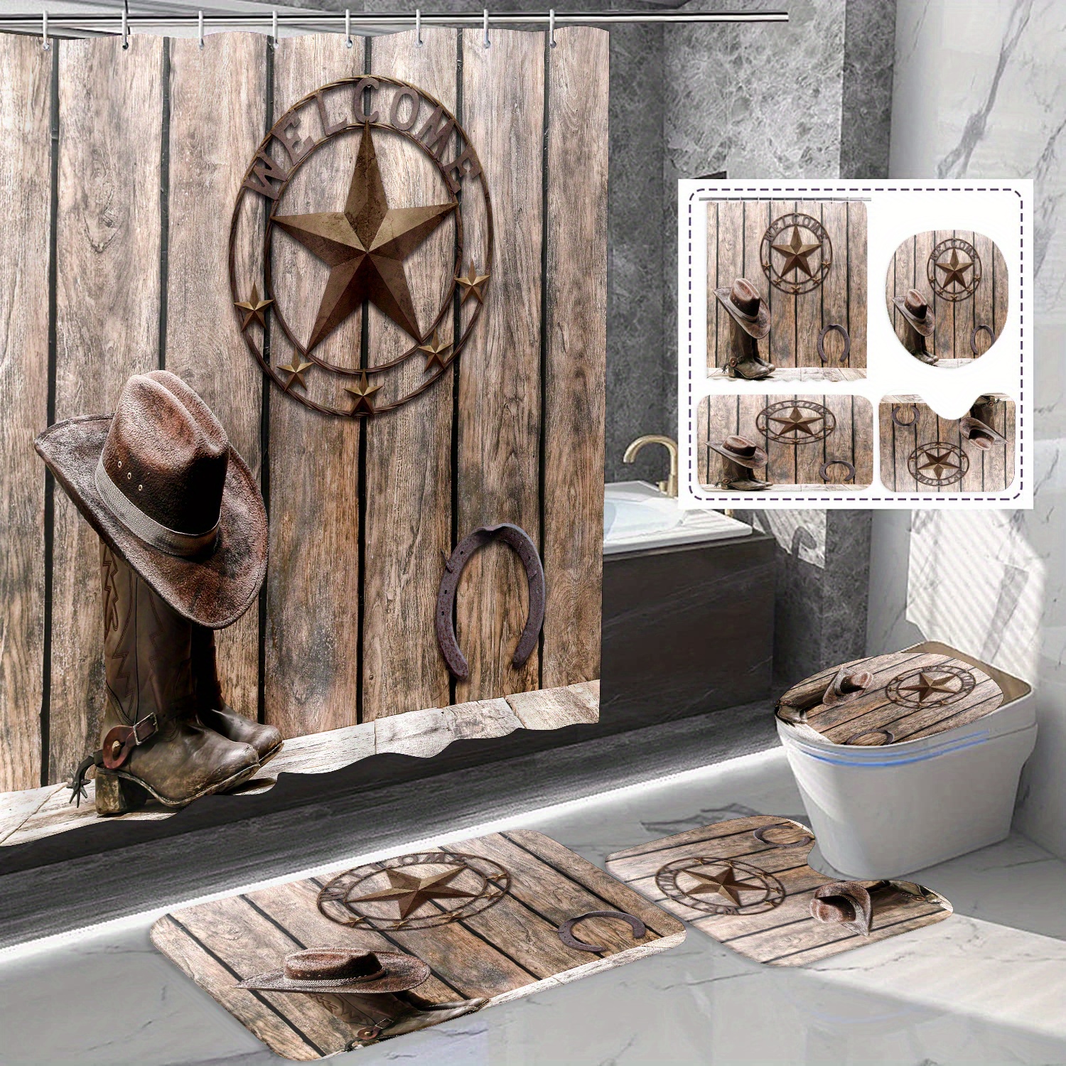 

Western Bath Set: 71x71in/180x180cm, Rustic Wooden Board, Cowboy Hat, Horseshoe, And Boot Decoration, Waterproof Curtain, Bath Mat, And Toilet Cover