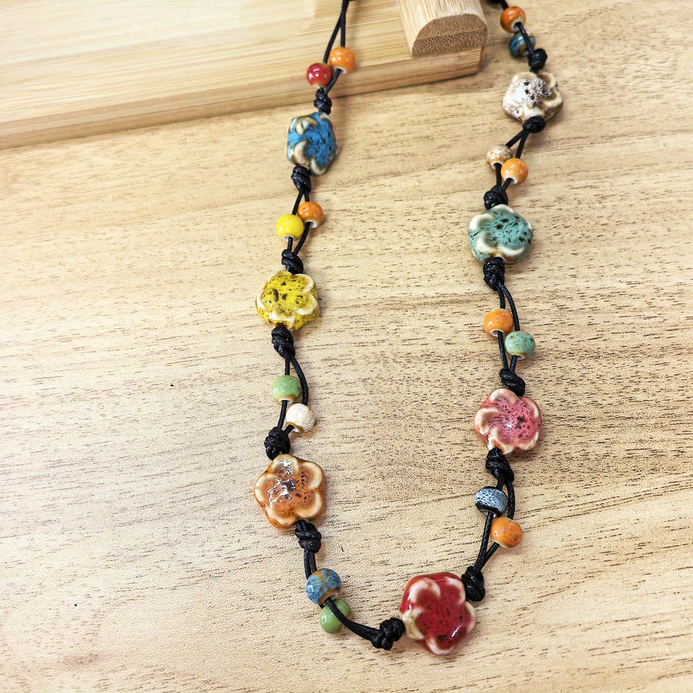 Bohemian Ceramic Bead Necklace with Floral Cord Chain