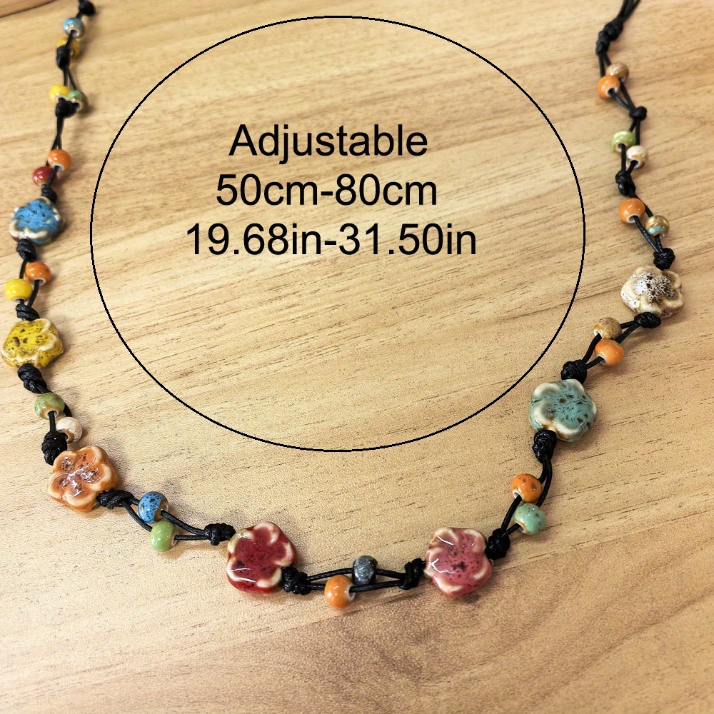 Bohemian Ceramic Bead Necklace with Floral Cord Chain