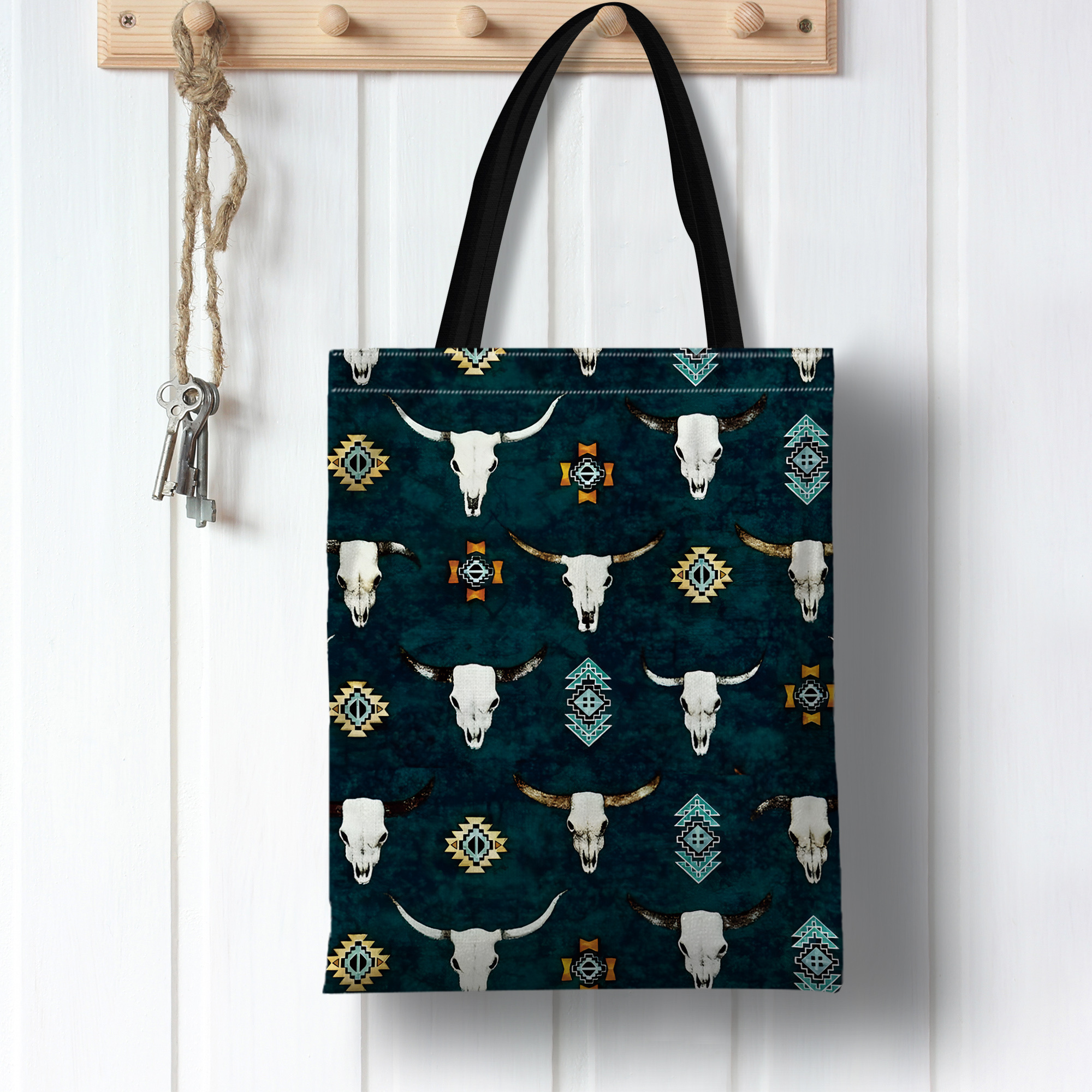 

1pc Western Canvas Tote Bag With Bull Skull Pattern - Hand Washable, No-closure Shopping Shoulder Bag With Straps