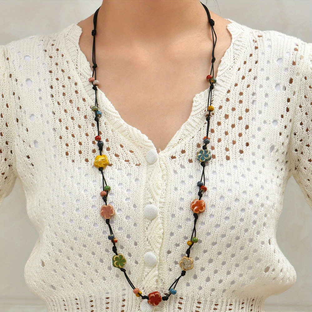 Bohemian Ceramic Bead Necklace with Floral Cord Chain