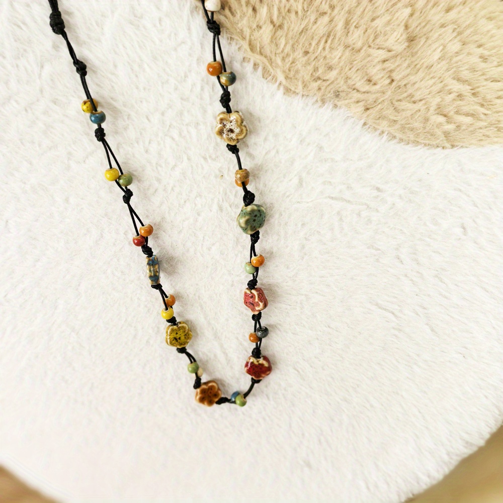 Bohemian Ceramic Bead Necklace with Floral Cord Chain