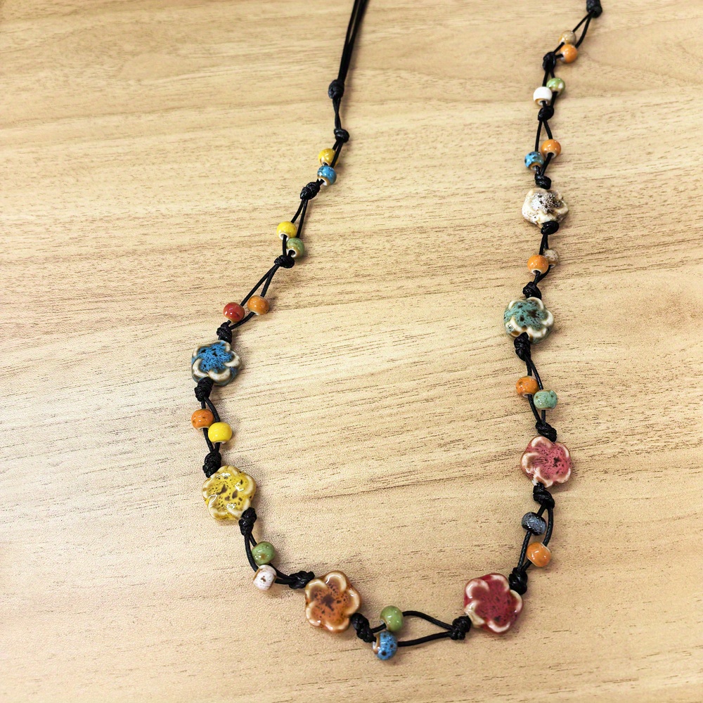Bohemian Ceramic Bead Necklace with Floral Cord Chain