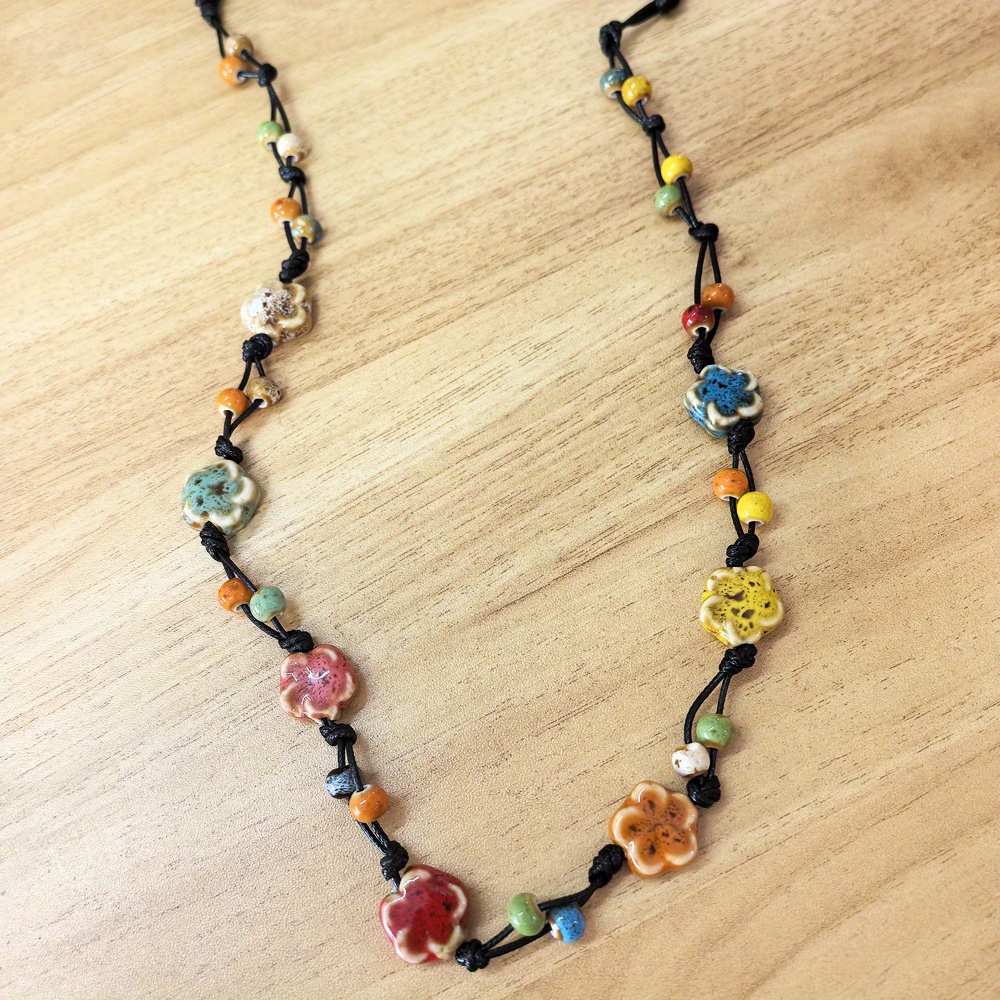 Bohemian Ceramic Bead Necklace with Floral Cord Chain