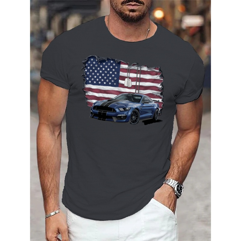 

T-shirt Imprimé Patriotisme et Automobile, Tees pour Hommes, T-shirt Décontracté à Manches Courtes pour l'Été