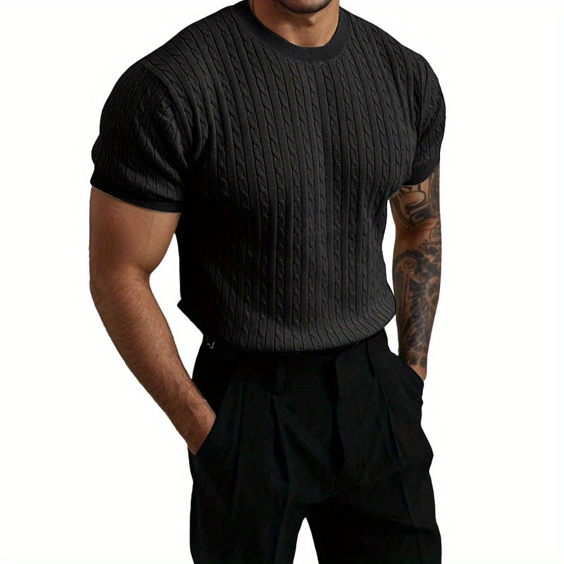 

Mens Short Sleeve Knit T-shirts Crew Neck Slim Fit Stretch Pullover Sweater Casual Solid Basic Knitwear