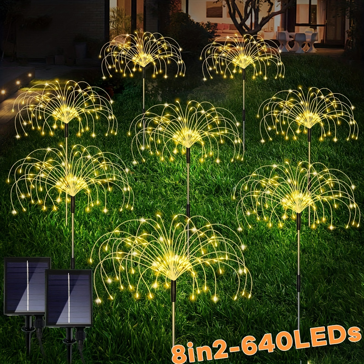 

8packs-640 Led Solar Firework Lights Christmas Decor 8 Lighting Modes Ip65 Waterproof, Diy Starburst Firework Lamp For Path Party (warm White/ Multicolored) 1/ 4/ 8-packs, 90/ 320/ 640leds