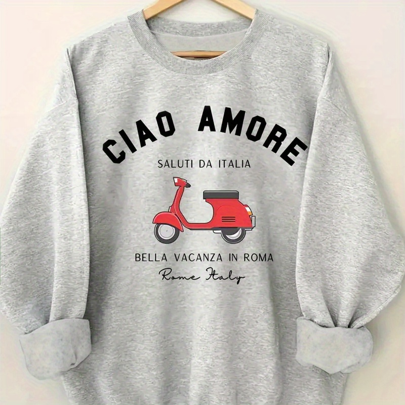 

Sweat-shirt à col rond imprimé alphabet d'inspiration italienne pour femme, pull décontracté en tricot automne/hiver, tissu 100 % polyester - Graphique "Ciao Amore", motif vacances à Rome