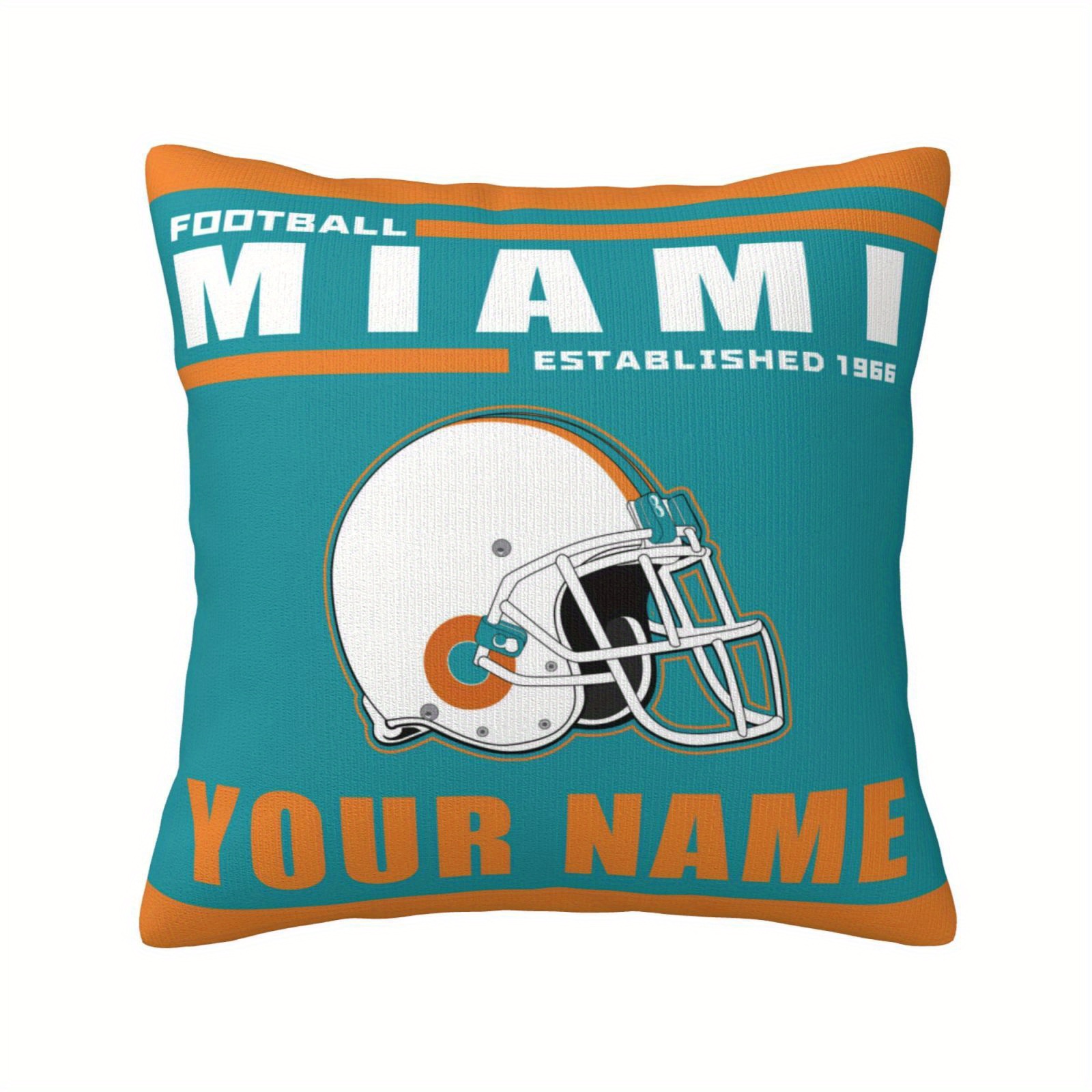 

1pc Customizable Miami Football Helmet Design Pillow Case, Personalized Square Throw Pillow Cover, Machine Washable, Polyester, Woven, Football Fan Gift For Men And Women