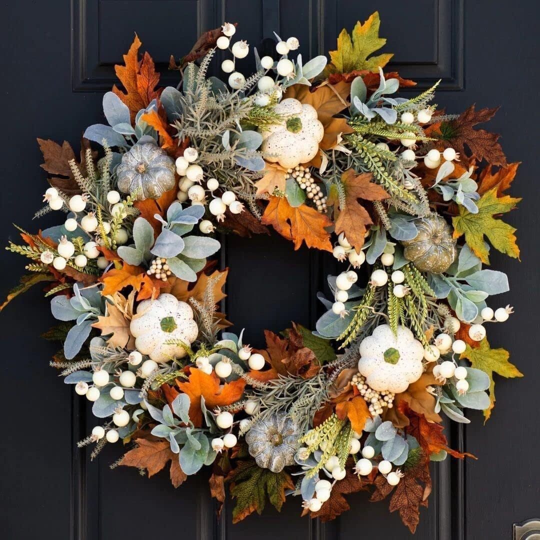 

Rustic Autumn Artificial Wreath With Pumpkin, Rose & Berry - Thanksgiving & Decor, Indoor/outdoor Use