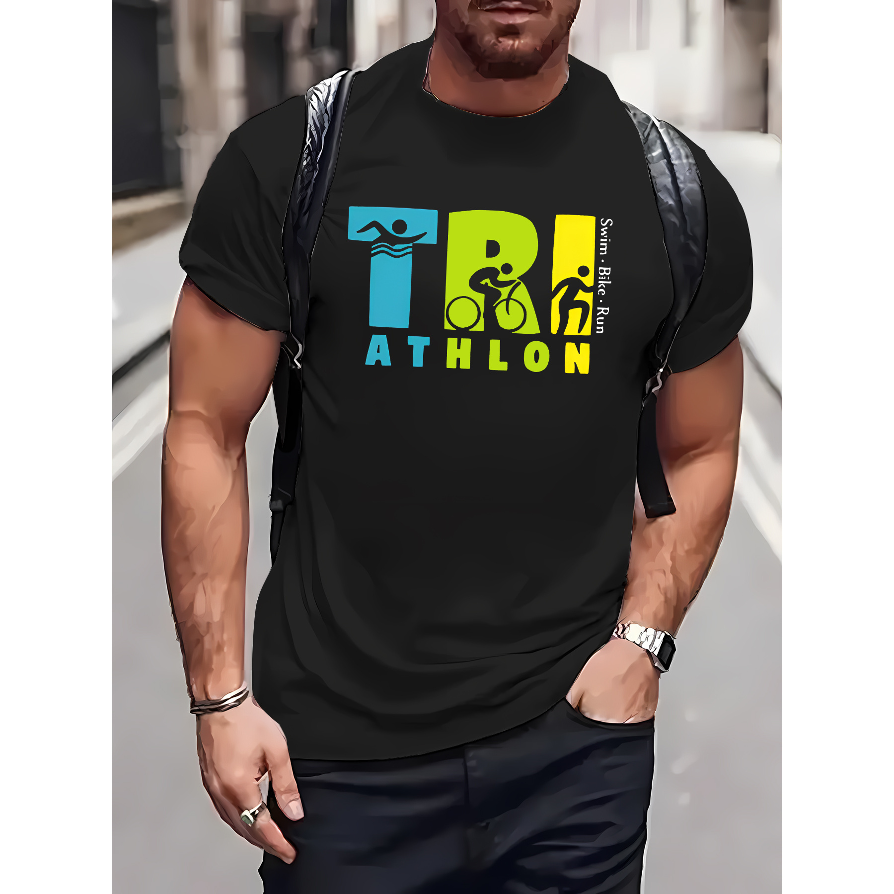 

1pc Men's Casual Triathlon Graphic T-shirt - Polyester Knit Crew Neck Short Sleeve Tee With Stretch - Geometric Pattern Lightweight Top For Summer Daily & Casual Wear