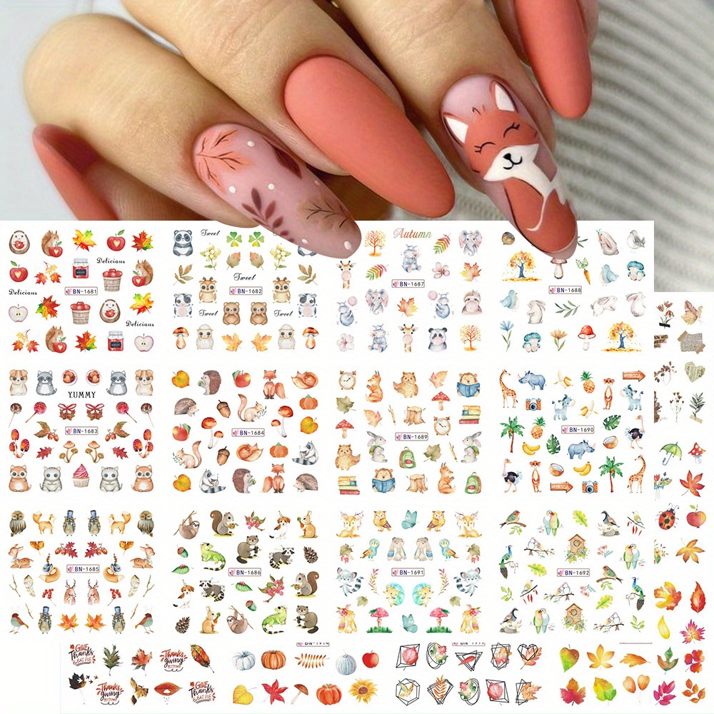 Image of 24 Designs Autumn Cute Animal Nail Sticker Water Decals Maple Leaf Fox Nail Decalsl Watermark Transfer Manicure Slider Fall Thanksgiving Nails Art Decoration Supplies 2 Sheets