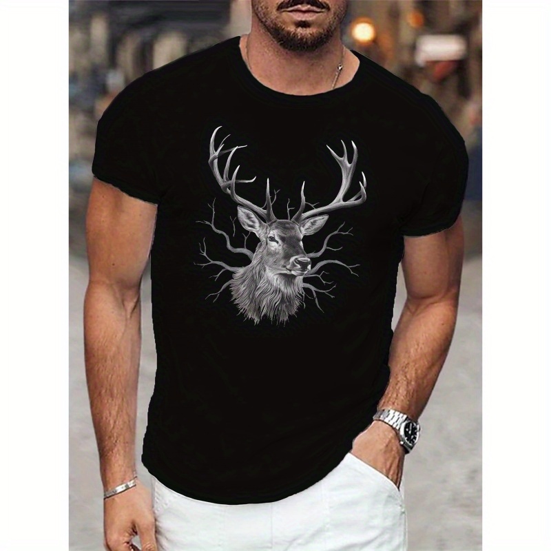 

Antlers Print Crew Neck T-shirt - Polyester Casual Style Tee With Slight Stretch, Knit Fabric, Regular Fit Men's Summer Shirt