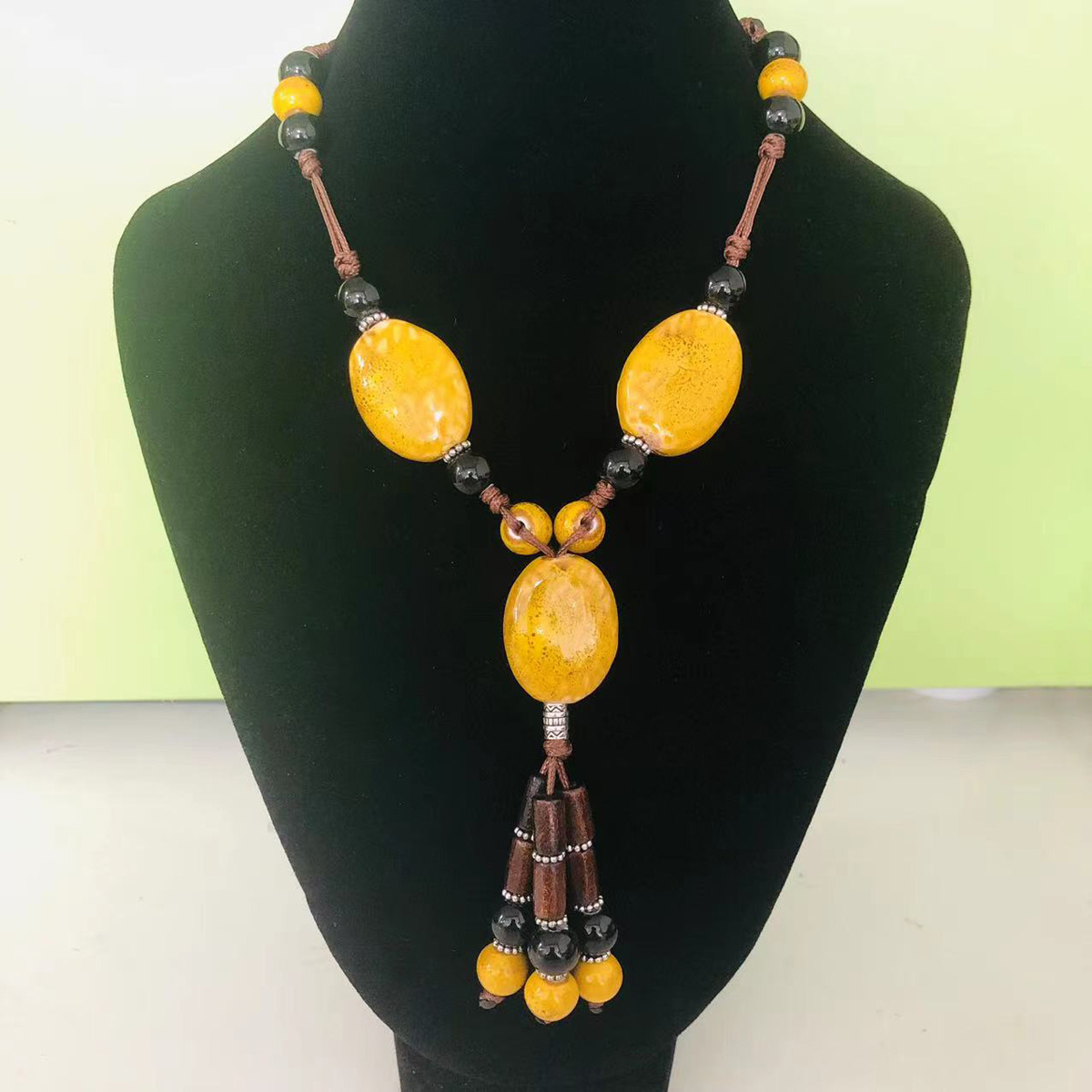 Image of Vintage Floral Glaze Ceramic Bead Y-necklace, Adjustable Ceramic Beaded Long Necklace, Women's Versatile Pendant Sweater Chain, Christmas Gift
