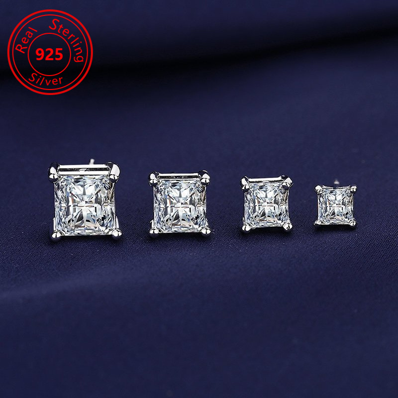 

4 Pairs/ Sets - Square Zircon Earrings - Sparkling 925 Sterling Silver Stud Earrings Jewellery - Elegant And Stylish For Or Occasional Wear