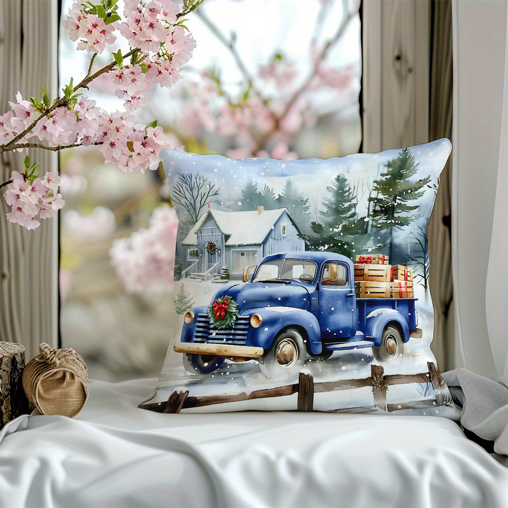 

Vintage Blue Truck Christmas Throw Pillow Cover - 1pc, Polyester, Woven, Zipper Closure, Machine Washable, Versatile For Various Rooms, Holiday Decorative Pillowcase (pillow Insert Not Included)