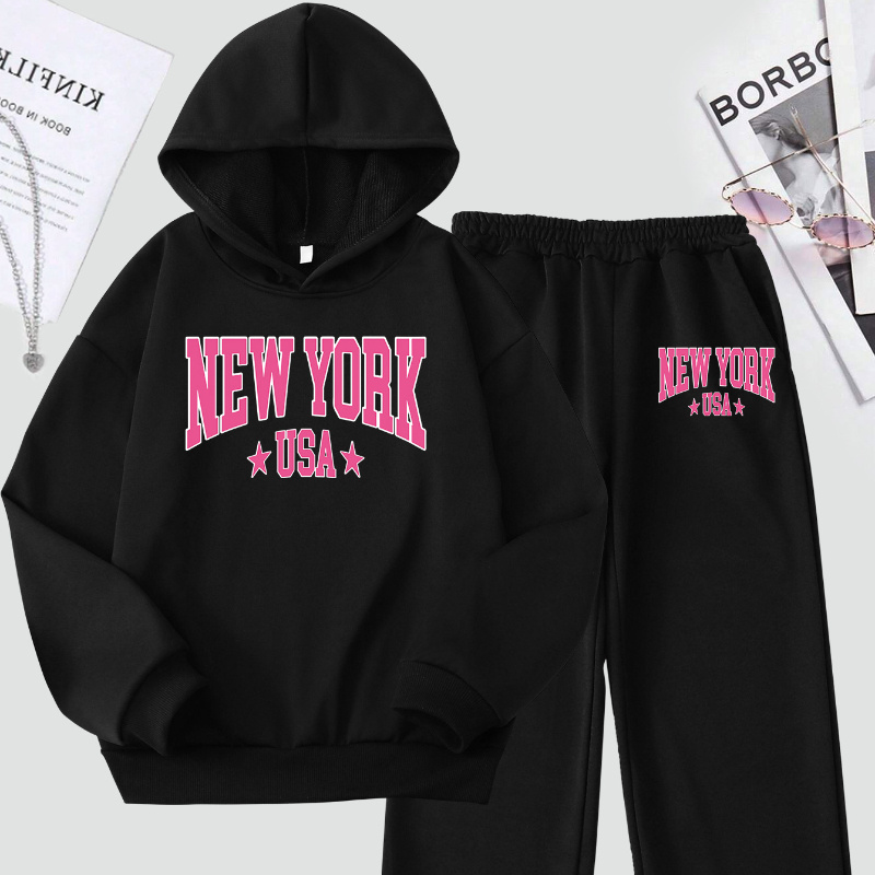 

Girls' Pink New York Usa Print Casual Sweatshirt And Elastic Waist Jogger Pants Set, Long Sleeve Hoodie And Stretchy Polyester Pants Outfit, Regular Fit, Knit Fabric, Autumn/winter Season, Sportswear