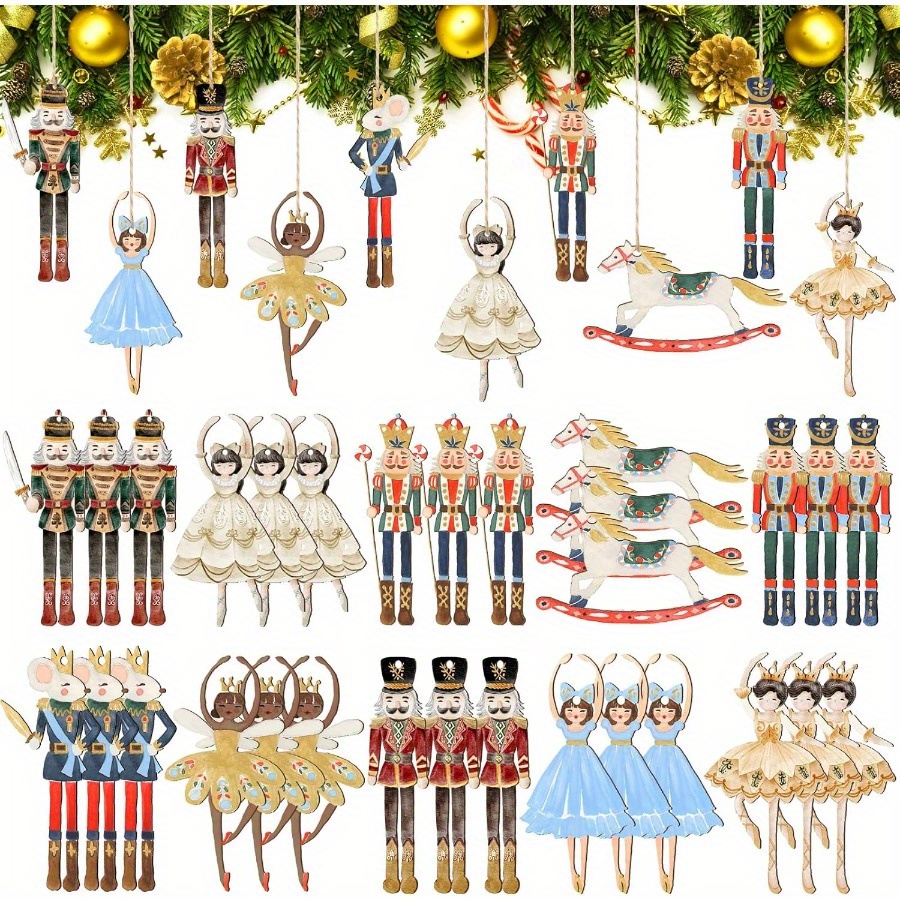 

Wooden Nutcracker And Ballet Dancer Ornaments Set For Christmas Tree Decorations - Festive Hanging Pendants With Lanyards, Ideal For Holiday Decor, New Year's Celebrations, And Creative Diy Gifting