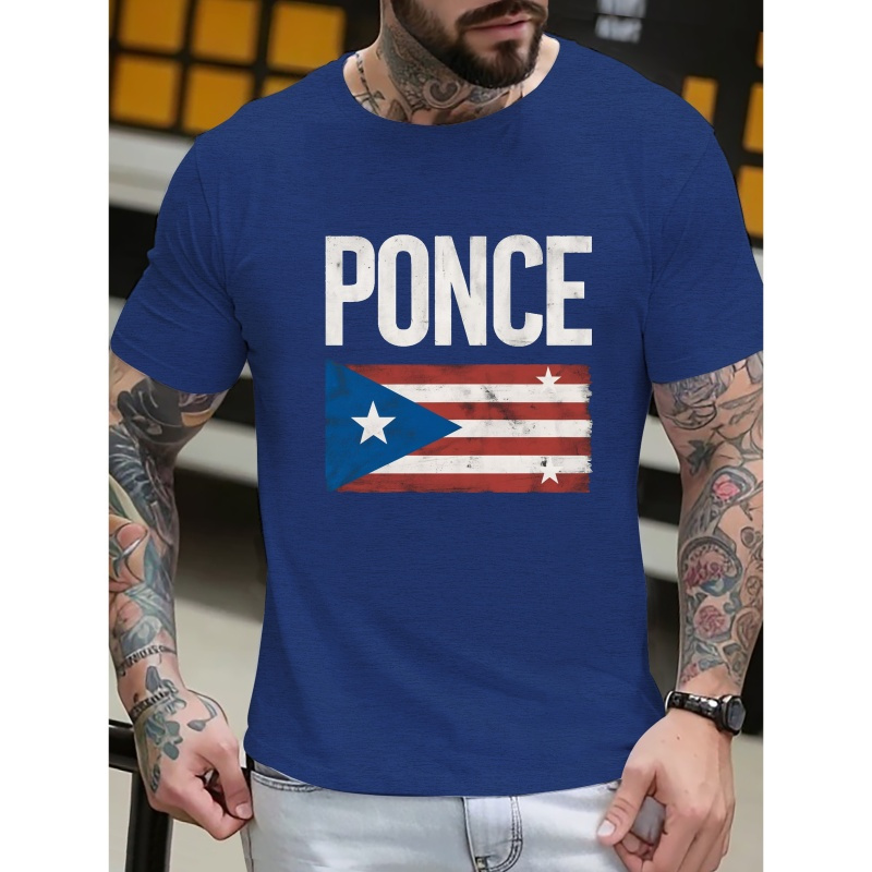 

Puerto Rico Pride Flag Print T-shirt For Men - 100% Polyester Casual Crew Neck Knit Fabric Tee With Slight Stretch - Geometric Pattern Short Sleeve Shirt For Summer