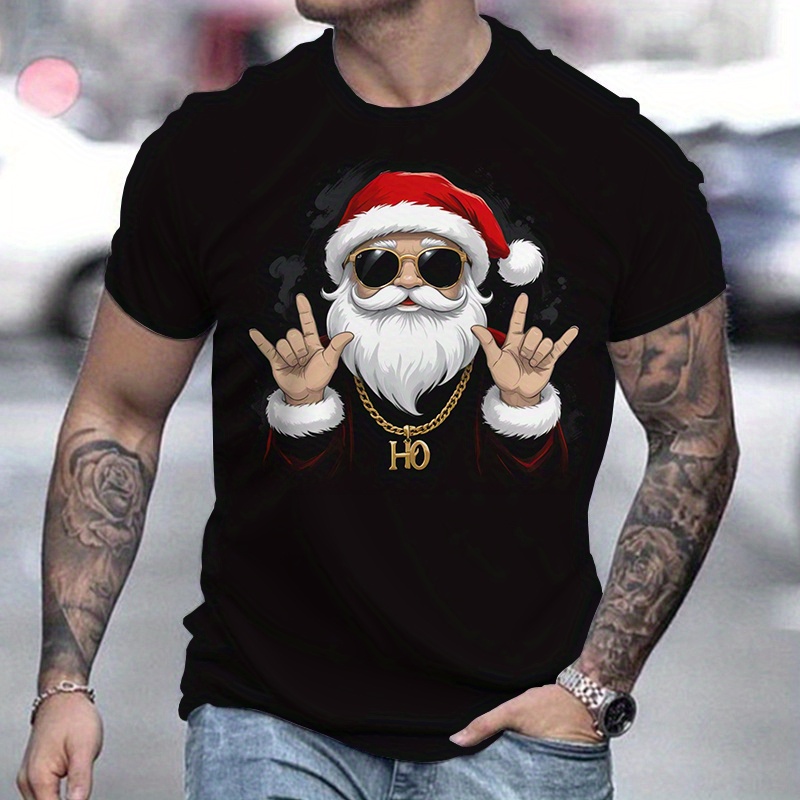 

Cool Santa Claus Print T-shirt, Men's Comfy Short Sleeve Crew Neck Tee, Men's Clothing For Summer Outdoor Activity