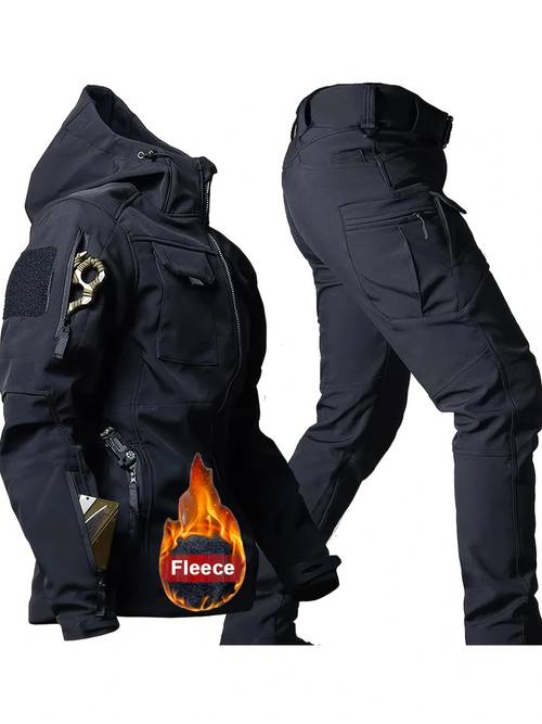 mens winter outdoor gear set windproof hooded jacket with fleece lining and cargo pants hiking camping work